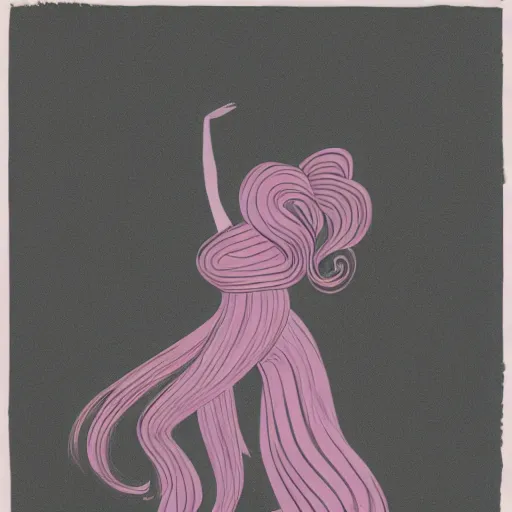 Image similar to A silhouette of a woman with long pink hair dancing around a lilly flower
