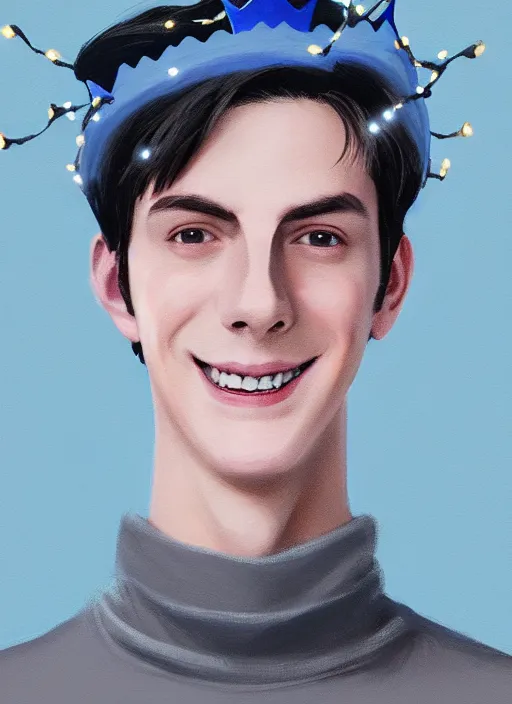 Image similar to portrait of teenage jughead jones wearing a light grey crown, crown, blue turtleneck, closed eyes, eyes closed, smile, crown, black hair, intricate, elegant, glowing lights, warm lighting, highly detailed, digital painting, artstation, concept art, smooth, sharp focus, illustration, art by wlop, mars ravelo and greg rutkowski