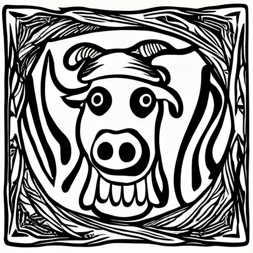 Prompt: the devil, cow, pig, sheep, chicken, summoning circle, white on black vector ink drawing, demonic, diabolic, hostile