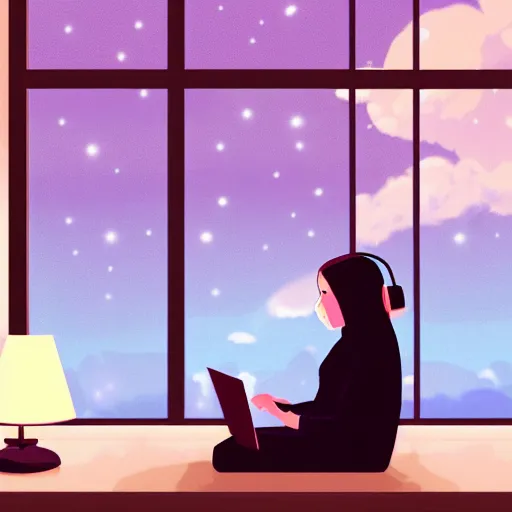 Image similar to a beautiful side view portrait of a beautiful girl sitting on her desktop writing something, headphones on, hand on her chin, nightlamp, digital art, anime, studio ghibli style, window and city background