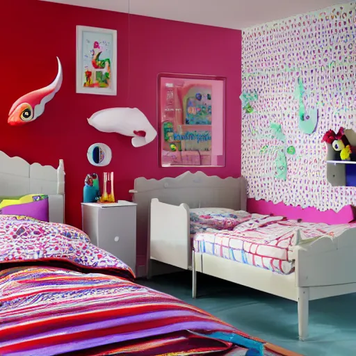 Prompt: An IKEA catalogue photo of a childrens bedroom , underwater with a vampire squid