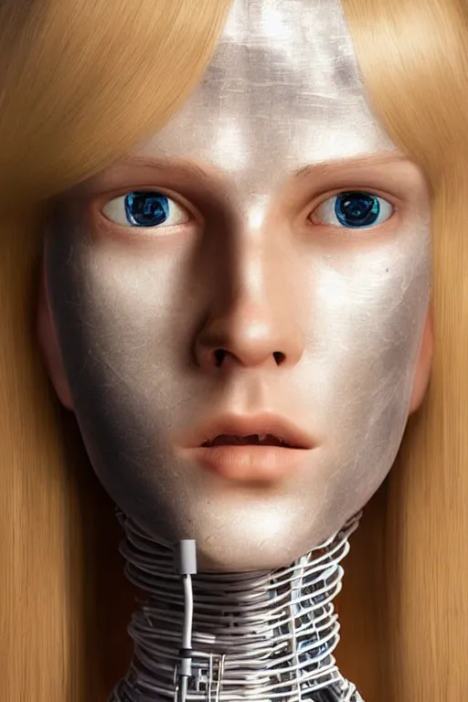 Image similar to robot with human face, female head, full body angle, woman human face, human face realistic, beautiful blonde hair, human head, human head with blonde hair, blonde hair human head, blonde hair, human realistic face, human head skin, cyborg frame concept, cyborg by ales-kotnik, sci-fi android female, the body is made of wires, robotic body, cyborg body, cyborg bust body, robot body cyborg, full body