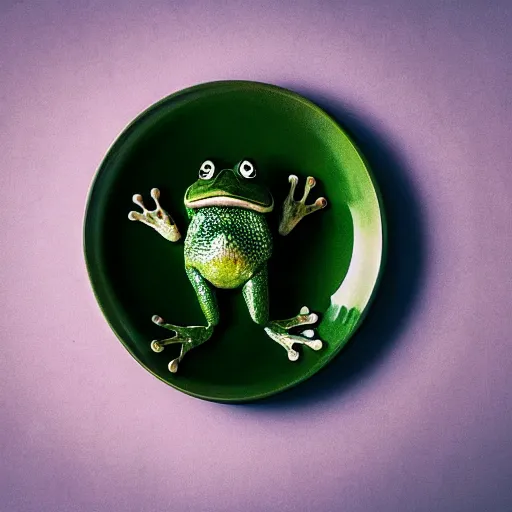 Image similar to frog levitating above the plate on a table with simple food, polaroid photography in style of andrey tarkovski, light caustics, iridescence, paranormal, spiritual, mystical, sublime