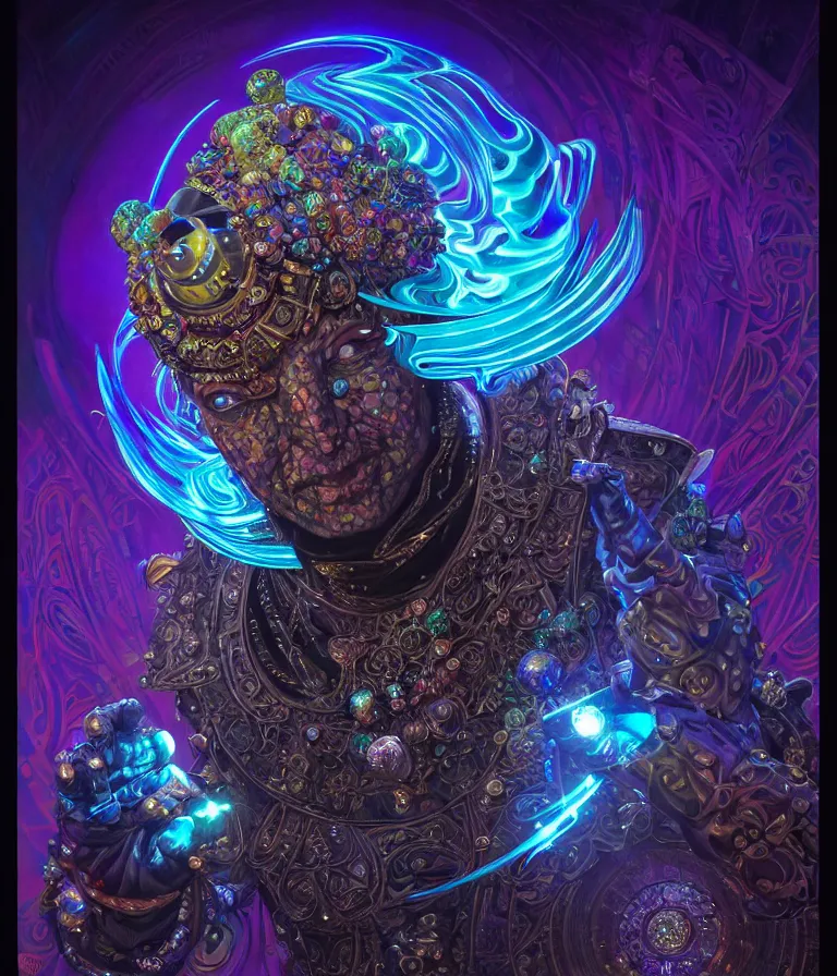 Image similar to front!!! shot of a court jester character, hyperdimensional, bioluminescent hypercubes, dark holography!!!, sunset psychedelic, chrome, (((intricate))), elegant, highly detailed, centered, (((artstation, concept art, smooth, sharp focus, artgerm, Tomasz Alen Kopera, Peter Mohrbacher, donato giancola, Joseph Christian Leyendecker, WLOP, Boris Vallejo))), mugshot!!!!!, ugly!!!!!!, octane render, nvidia raytracing demo, octane render, nvidia raytracing demo, octane render, nvidia raytracing demo, grainy, muted, 8K, digitalblasphemy, metatron