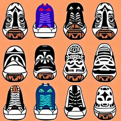 Image similar to sneaker design designed by studio ghibli, aztec mayan street fashion native punk sneaker design, majora's mask, wearing wooden mask, hip hop sneaker design with subtle mayan patterns, gapmoe yandere grimdark, trending on pixiv fanbox, painted by greg rutkowski makoto shinkai takashi takeuchi studio ghibli, akihiko yoshida