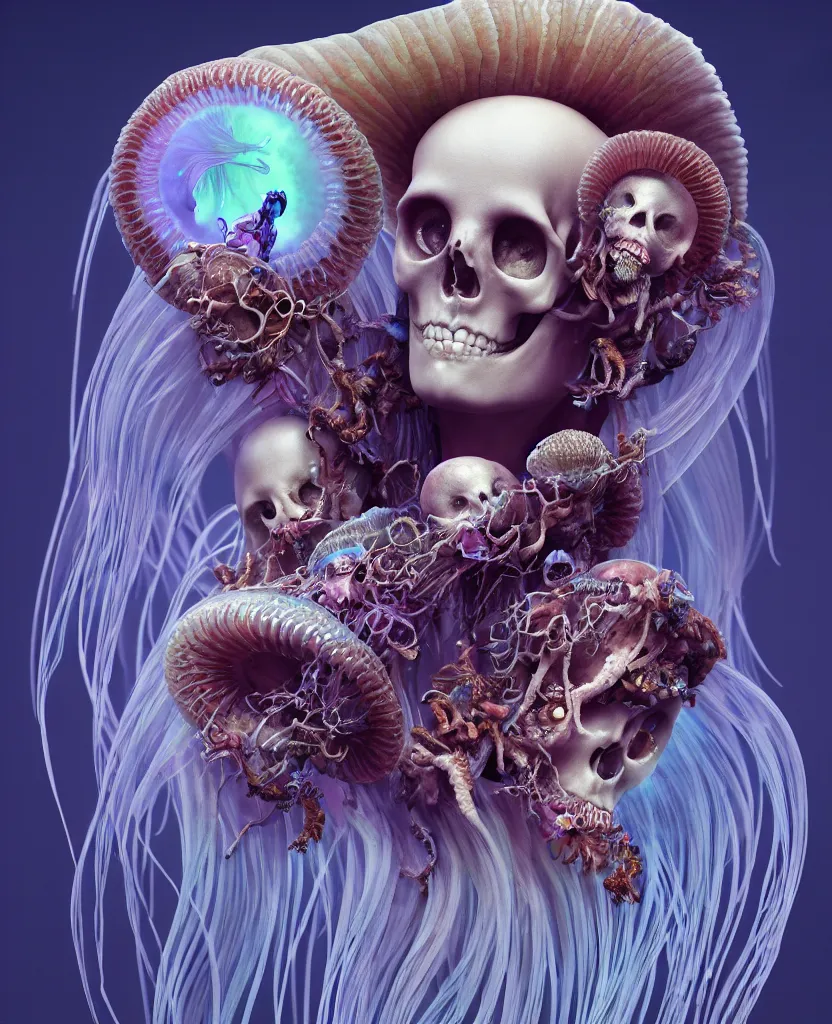 Image similar to goddess close - up portrait human skeleton, ram skull, jellyfish, orchid, betta fish, bioluminiscent, intricate artwork by tooth wu and wlop and beeple. octane render, trending on artstation, greg rutkowski very coherent symmetrical artwork. cinematic, hyper realism, high detail, octane render, 8 k