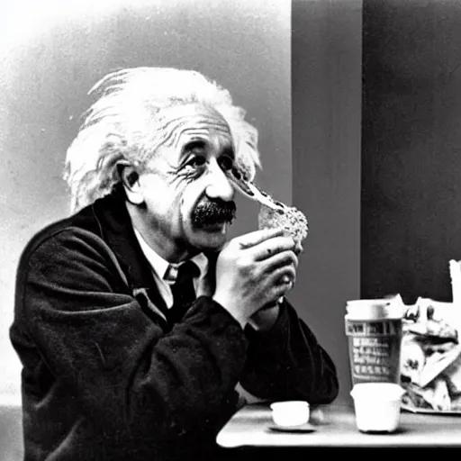 Image similar to albert einstein eating an impossible whopper from burger king