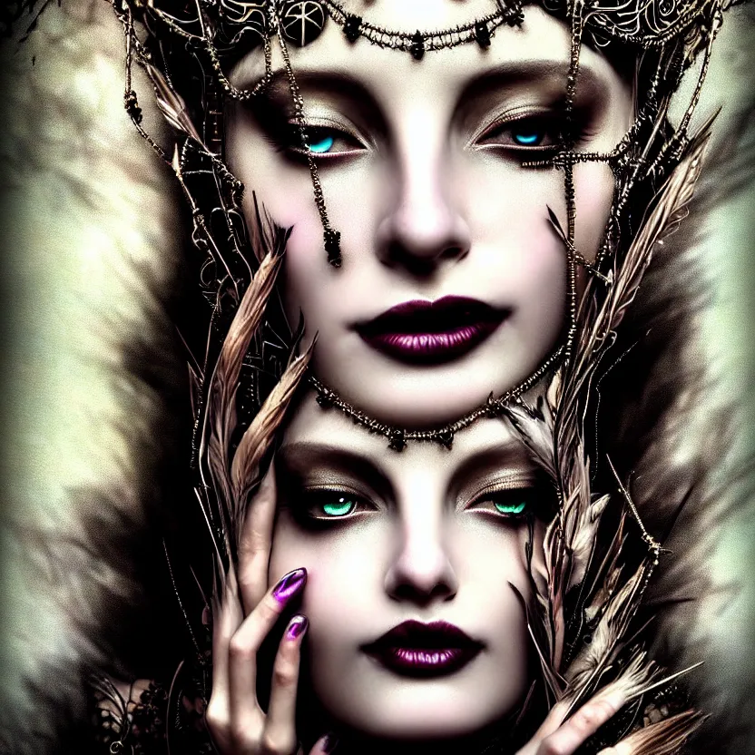 Image similar to mindblowing portrait of the enchantress queen, a stunning timeless beauty, breathtaking eyes, perfect skin, feathered eyelashes, royal gothic dress with a lot of leather, heavy silent hill aesthetic, incredibly intricate, digital art, blender, houdini & photoshop, very elegant & complex, hyper-maximalist, overdetailed, epic cinematic quality, biblical art lighting, photorealistic, lifelike, OLED, DSLR HDR 8k, face is the focus, facial feature symmetry, hyper composed, created by Nixeu & z--ed from deviantart