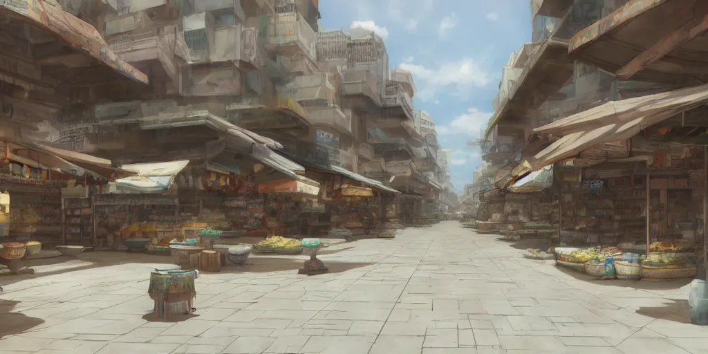 Image similar to empty arabian marketplace with no people by makoto shinkai