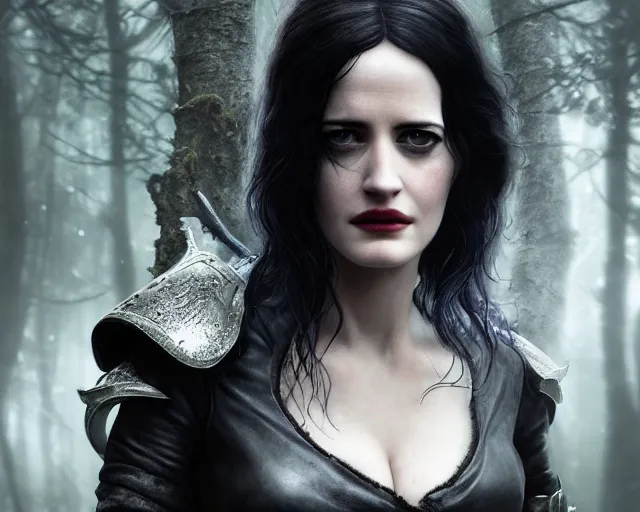 Prompt: 5 5 mm portrait photo of a real life tough looking eva green as ciri in leather armor with silver hair and a large scar along her left cheek, in a magical forest. dark atmosphere. art by greg rutkowski. highly detailed 8 k. intricate. lifelike. soft light. nikon d 8 5 0.