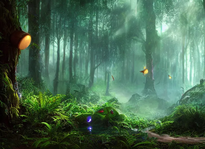 Image similar to luminescent forest biome that looks like a movie shot by pixar, ultra detailed, fantasy, hyper realism, art, smooth, beautiful art, masterpiece, landscape, cinematic, wet reflections, ray tracing x, rtx, smooth