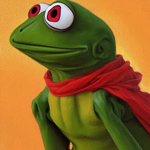 Prompt: Painting of Kermit the Frog. Art by william adolphe bouguereau. During golden hour. Extremely detailed. Beautiful. 4K. Award winning.