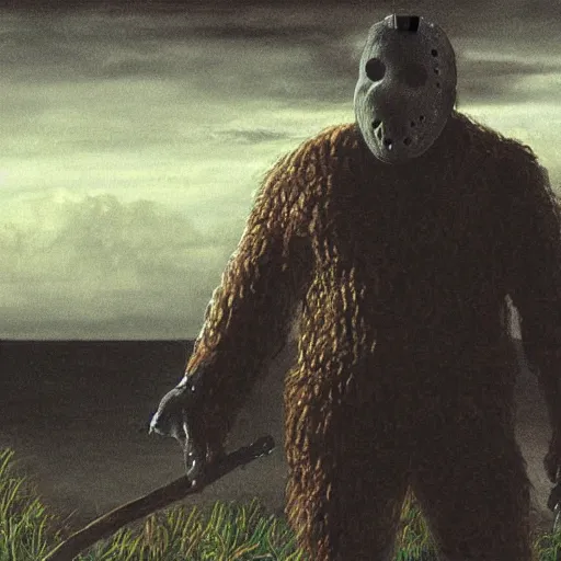 Image similar to jason voorhees watching bigfoot from afar, landscape, hyper realistic