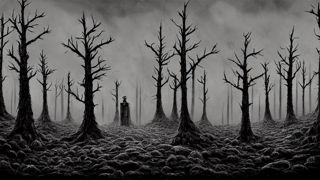 Image similar to folk horror illustration of the place with the dead pines, 8k resolution artwork, horror art, eerie, creepy, trending on artstation, painting, elaborate excellent painted illustration, smooth, sharp focus