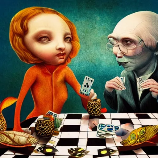 Image similar to two fishes sitting at a table playing cards, at the bottom of the sea, the table has a checkered table cloth, hyperdetailed, cinematic light, lowbrow surrealistic, in the style of mark ryden,