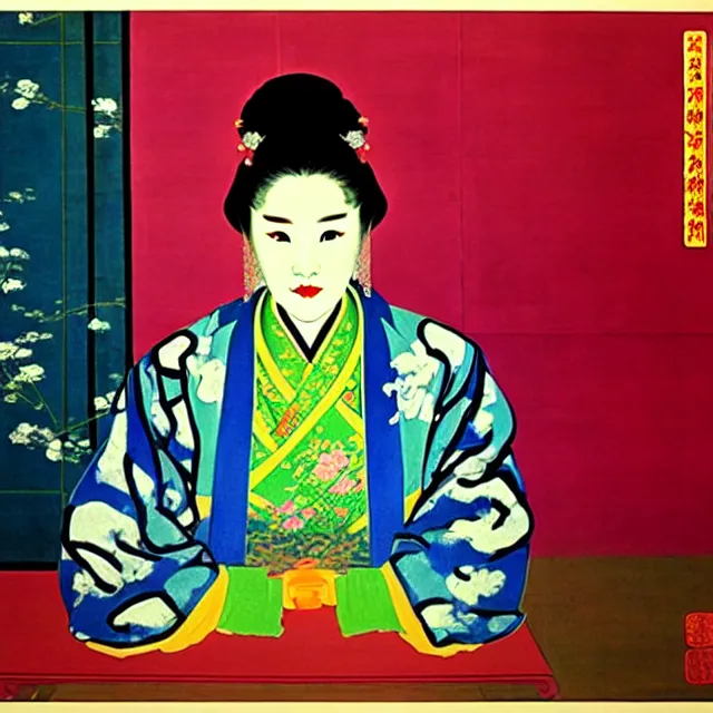 Prompt: a beautiful painting cyberpunk the empress of the qing dynasty of china, by andy warhol henri matisse art deco lumion render realistic oil painting