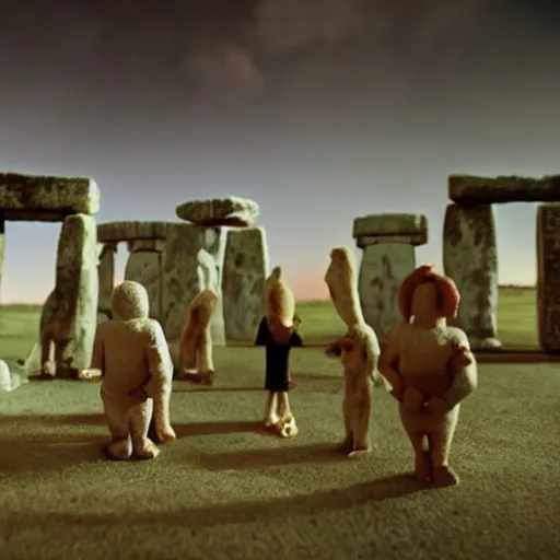 Image similar to An ancient tribal ritual conducted in Stonehenge in claymation