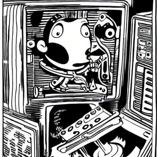 Image similar to a black and white photograph of a man destroying a computer until it sparks, by gary baseman, by robert crumb, by jim henson, photorealistic, surreal, high contrast, film photography