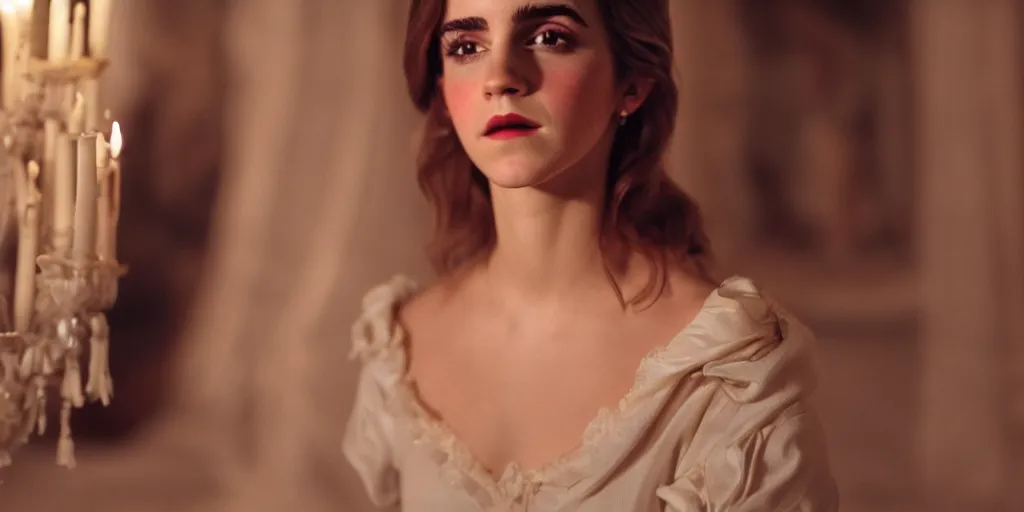 Prompt: portrait closeup portrait closeup portrait closeup portrait closeup Emma Watson long hair flowing silk robes baroque room candles mirrors cinematic lighting cinematic lighting cinematic lighting stanley kubrick barry lyndon 4k canon 5d mk4 colour