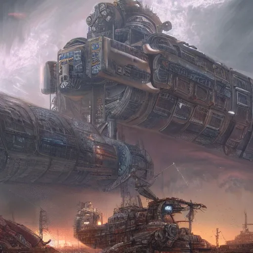 Image similar to a beautiful highly detailed matte painting of a huge derelict cargo starship, Space Hulk, WarHammer 40k by Jose Daniel Cabrera Pena and Leonid Kozienko, concept art