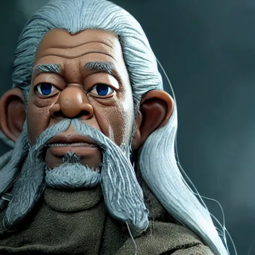 Image similar to morgan freeman starring as gandalf in lord of the rings, claymation, 8 k, hyperdetalied, cgsociety