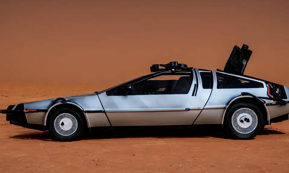 Prompt: photo of a delorean standing in the desert