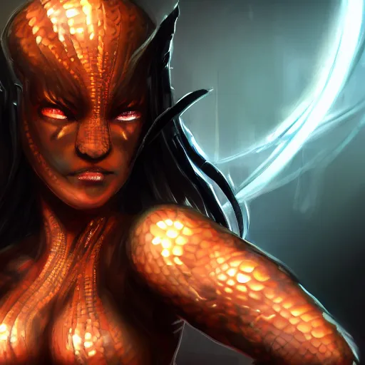 Image similar to snake human hybrid, chest up human lower half snake, black scales, bright amber eyes, chest covered in scales, scales on her chest, formless brests, flat chest, smileing nright, cinematographic shot, artstation, haahn trinh, naga