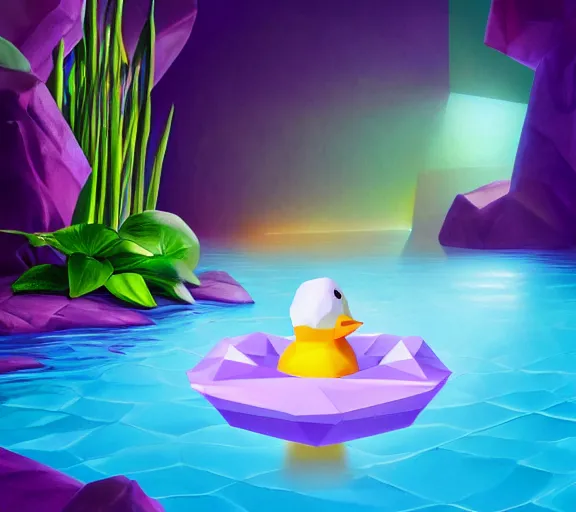 Prompt: diamond in the shape of a low - poly rubber duck floating in a pool of purple perfume surrounded by plants, inside a cave, glistering magic particles, ambient lighting, photorealism, mystical, enigmatic, digital oil painting, trending on artstation