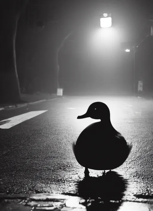 Image similar to a lonely duck under a street light, fog, still from a movie by bong joon - ho