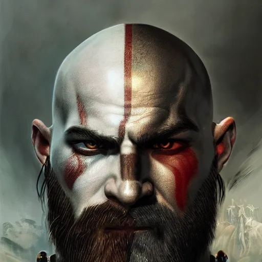 Image similar to portrait of kratos, intricate artwork, concept art, octane render, deviantart, cinematic, key art, hyperrealism, iridescent accents, portrait photograph, nikon 3 5 mm, photograph by greg rutkowski