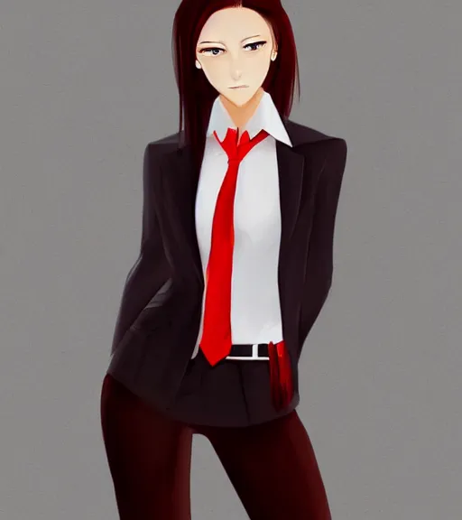 Image similar to a girl wearing a business suit and a red necktie, digital painting, hd, smooth, elegant, anime art, Tran Ross