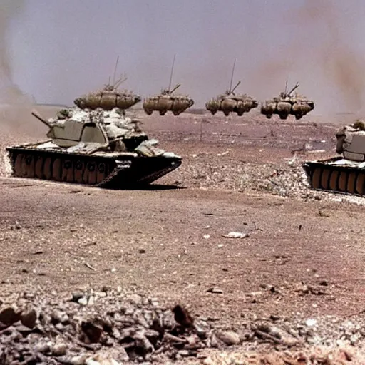 Image similar to A 200 foot tall George H.W. Bush destroys Iraqi tanks, historical photo