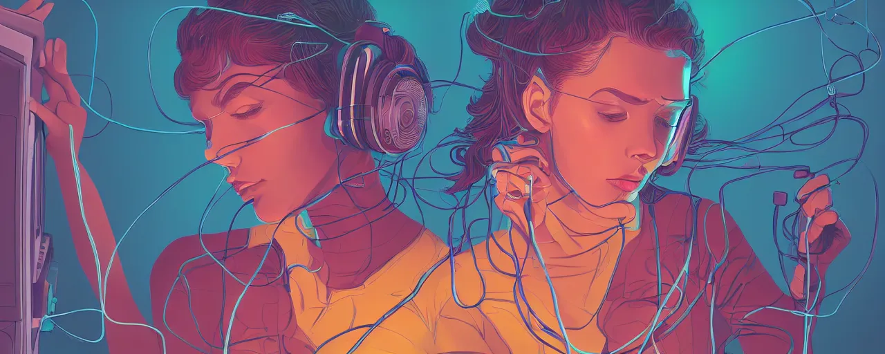 Prompt: A young woman with wires coming out of her head connecting to a computer, 4k wallpaper, digital art, deep colors, trending on arstation, by Victoria Rose, by Josan Gonzalez, by Juan Osorio