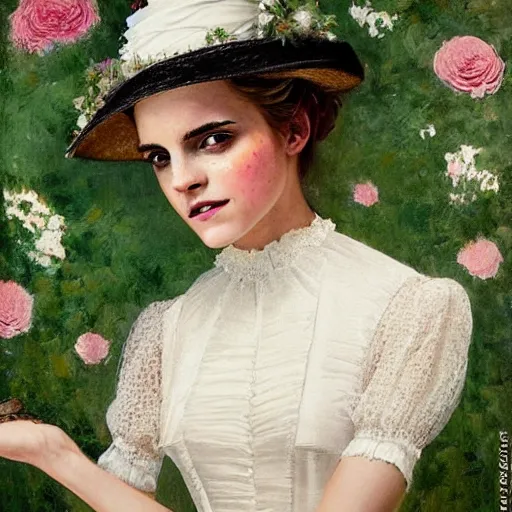 Image similar to on textured canvas full body fashion model emma watson by Winslow Homer smokey eyes makeup eye shadow fantasy, glow, shimmer as victorian woman in a long white frilly lace dress and a large white hat having tea in a sunroom filled with flowers, roses and lush fern flowers ,intricate, night, highly detailed, dramatic lighting , high quality