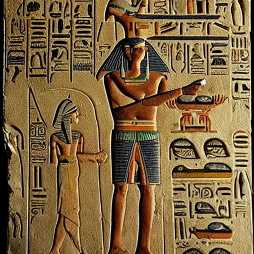 Image similar to Egyptian hieroglyphs telling story of Boba Fett visiting ancient Egypt, museum catalog photo