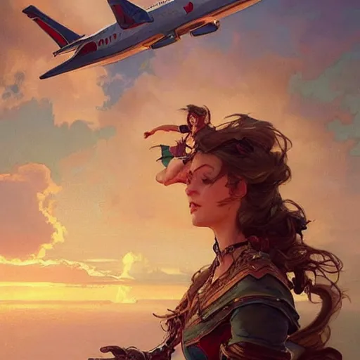 Prompt: plane on the sky!!!!!!!! d & d fantasy intricate elegant highly detailed digital painting artstation concept art matte sharp focus illustration hearthstone art by artgerm art by greg rutkowski, art by alphonse mucha