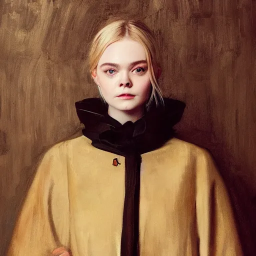 Prompt: Elle Fanning in a black coat, religious masterpiece portrait, oil on canvas, golden hour, in the world of Andrew Wyeth and Bloodborne, artstation, by J. C. Leyendecker and Peter Paul Rubens,