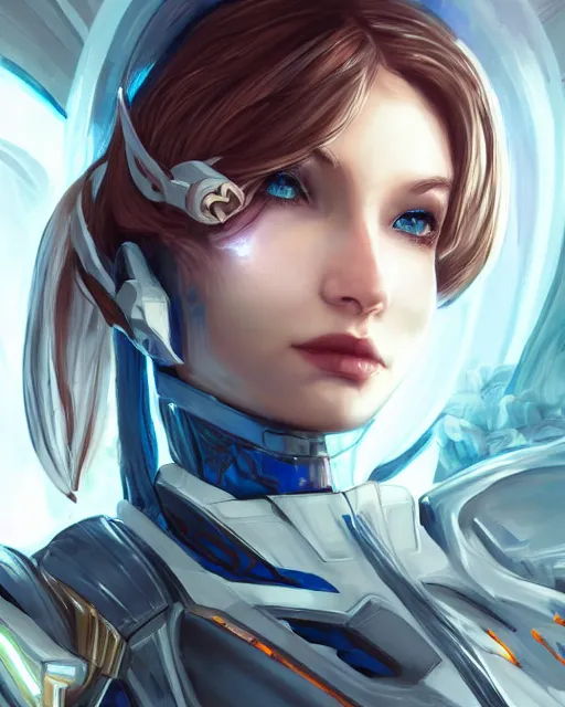 Prompt: perfect aidra fox, warframe armor, beautiful, dreamy, pretty face, blue eyes, portrait, bright light, scifi, utopian architecture in the background, laboratory, ultra realistic, intricate, glow, cinematic, extreme details, focused, masterpiece, art by seunghee lee, blair armitage