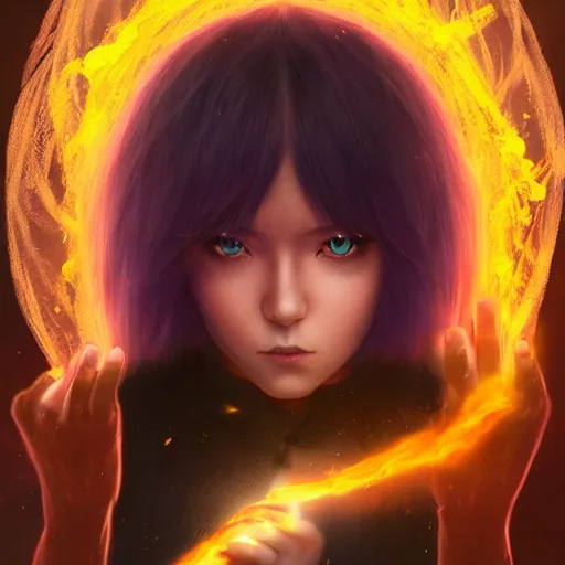 Image similar to rimuru tempest from tensura holding purple fire in her palm, with amber eyes of golden colored eyes, straight hair, sky blue hair, long bangs, concept art, award winning photography, key visual, digital painting, cinematic, wlop, 8 k, by ross tran, andy warhol, tom bagshaw