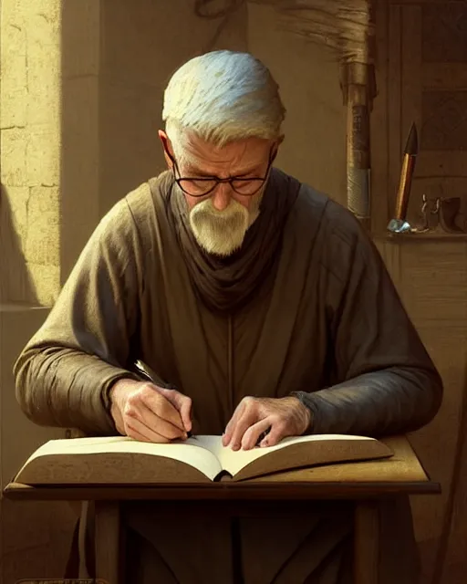 Image similar to old male scribe writing a book, middle ages | | realistic shaded, fine details, realistic shaded lighting poster by greg rutkowski, diego gisbert llorens, magali villeneuve, artgerm, jeremy lipkin and rob rey