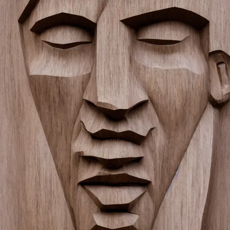 Image similar to 2 0 0 ft sculpture geometric minimalist!!! accurate portrait of chris hemsworth, beautiful symmetrical!! face accurate face detailed face realistic proportions, hand - carved out of red oak wood on a pedestal by stephan balkenhol and martin puryear, cinematic lighting shocking detail 8 k