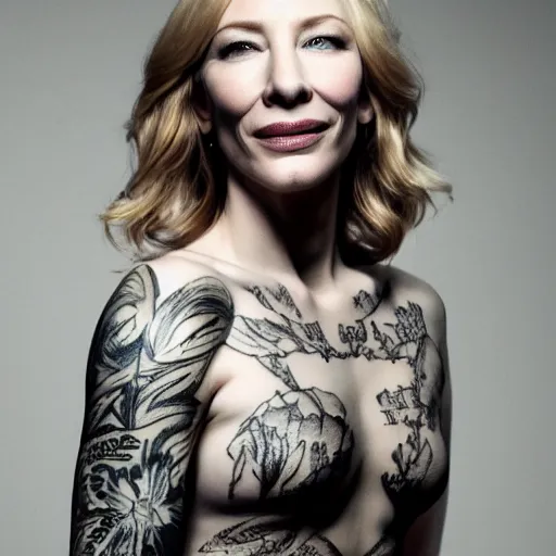 Prompt: high resolution portrait of cate blanchett with full body tattoo , highly detailed, photorealistic, 4k