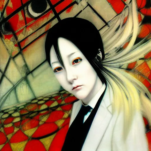 Image similar to yoshitaka amano blurred and dreamy realistic three quarter angle portrait of a young woman with white hair and black eyes wearing dress suit with tie, junji ito abstract patterns in the background, satoshi kon anime, noisy film grain effect, highly detailed, renaissance oil painting, weird portrait angle, blurred lost edges