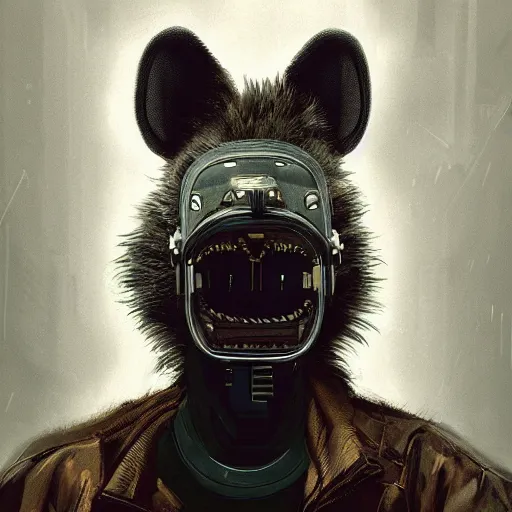 Image similar to new york city portrait of furry anthro anthropomorphic spotted hyena head animal person fursona wearing clothes strange cybernetic muzzle gloomy rainy screenshot from the video game cyberpunk 2077 digital art by Greg Rutkowski, Simon Stalenhag, christopher nolan trending on Artstation, CGSociety