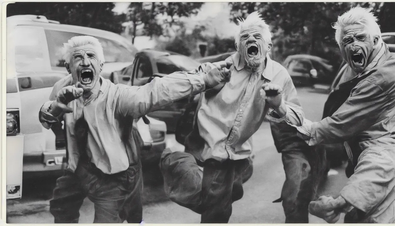 Prompt: old, polaroid picture of old white haired man yelling and throwing hands at suv very detailed, 8 k