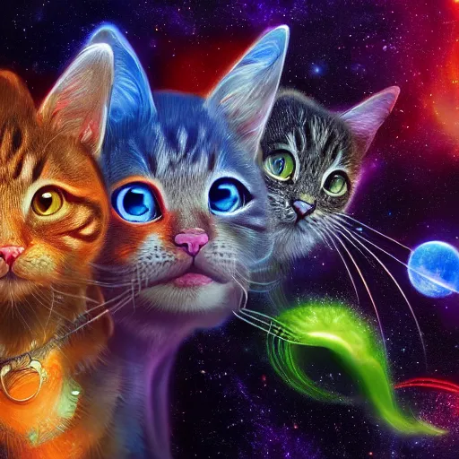 Image similar to Photorealistic magic cats in space. Hyperdetailed photorealism, 108 megapixels, amazing depth, glowing rich colors, powerful imagery, psychedelic Overtones, 3D finalrender, 3d shading, cinematic lighting, artstation concept art