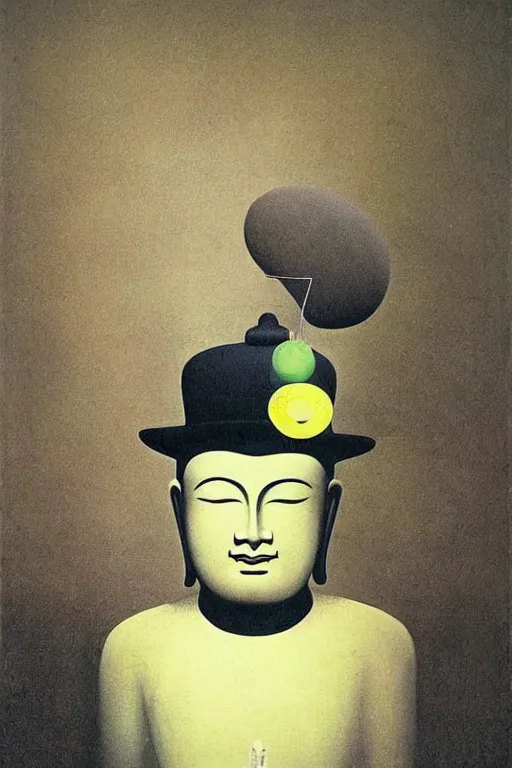 Image similar to A buddha wearing a bowler hat is thinking: Our hindrances are obstacles to enlightenment as abstract art in the style of Magritte