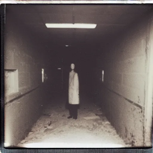 Prompt: a tall dark shadowy figure standing in the corner of the basement of an industrial building, abandoned, creepy!!, grainy, eerie, terrifying, horrorifiying, old polaroid, expired film,