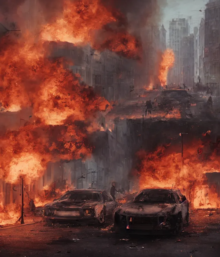 Prompt: a beautiful hyperrealistic detailed 3D render of burning cars in a city riot, by Anton Otto Fischer, Atey Ghailan, genzoman, unreal engine, octane render, gigantic, 3D, brilliantly coloured, intricate, ultra wide angle, trending on artstation, embers, smoke, dust, dusk, volumetric lighting, HDR, polished, micro details, ray tracing, 8k