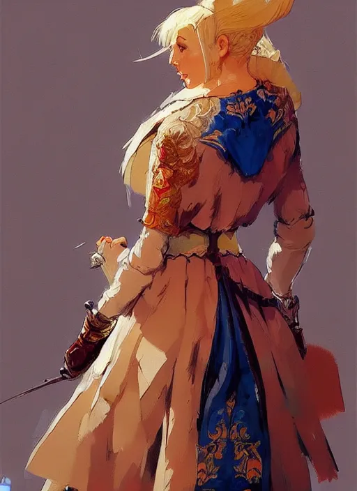 Image similar to a blonde woman wearing medieval tapestry as clothing, by jesper ejsing, ilya kuvshinov, greg rutkowski on artstation